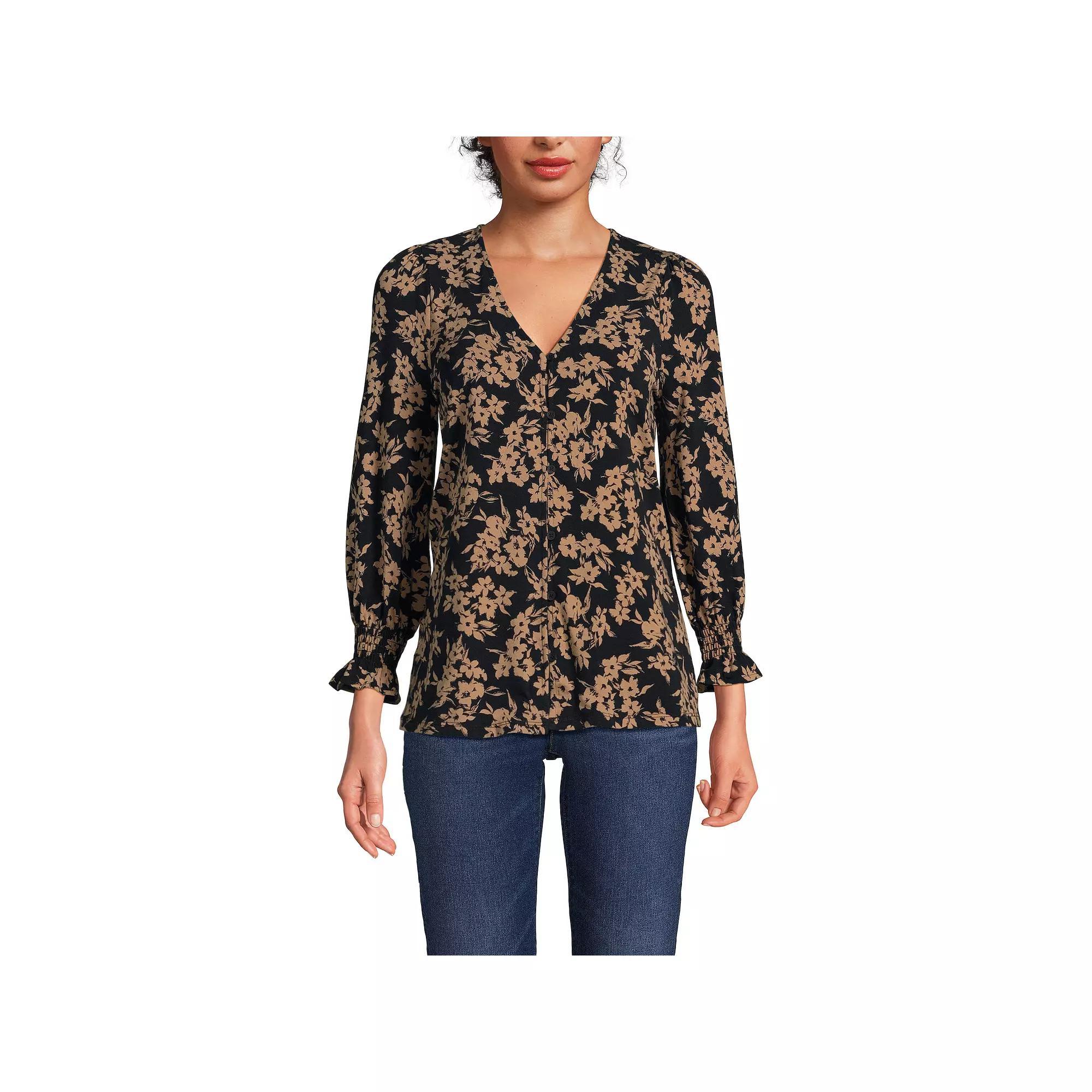 Women's Lands' End 3/4 Sleeve Lightweight Jersey Button Front Top, Size: Large, Spiced Rhubarb Product Image