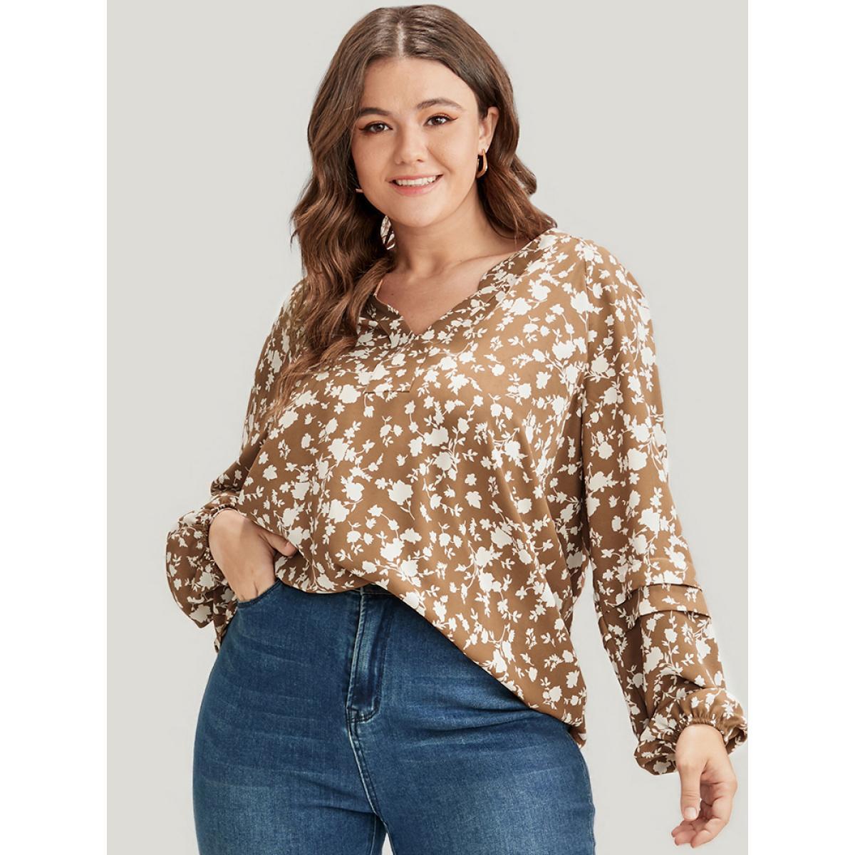 Plus Size Bronze Floral Lantern Sleeve Arc Hem Blouse Women Elegant Long Sleeve V-neck Dailywear Blouses BloomChic 28/5X Product Image