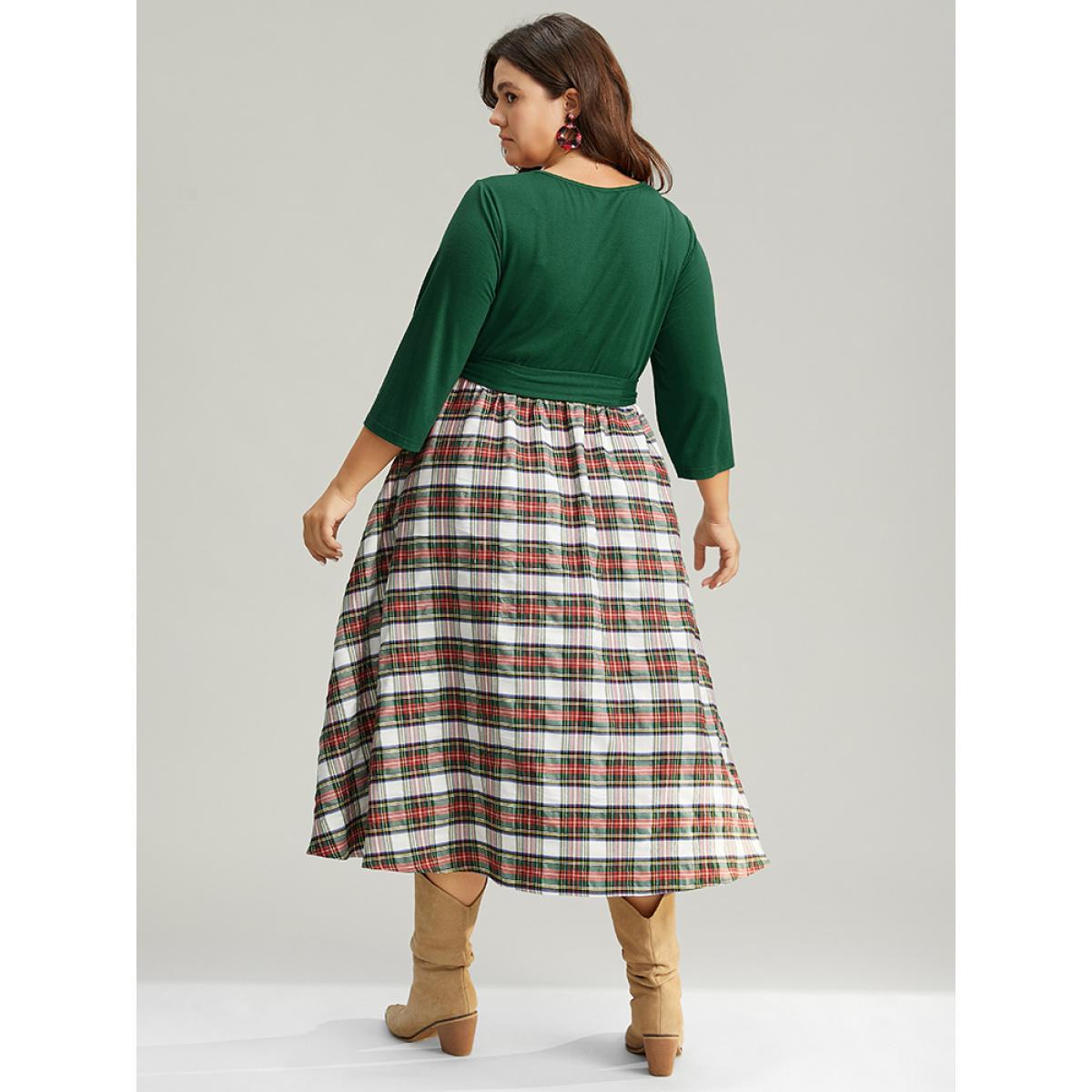 Plus Size Christmas Plaid Patchwork Ruched Belted Dress DarkGreen Women Work From Home Gathered V-neck Elbow-length sleeve Curvy Midi Dress BloomChic 12/L Product Image