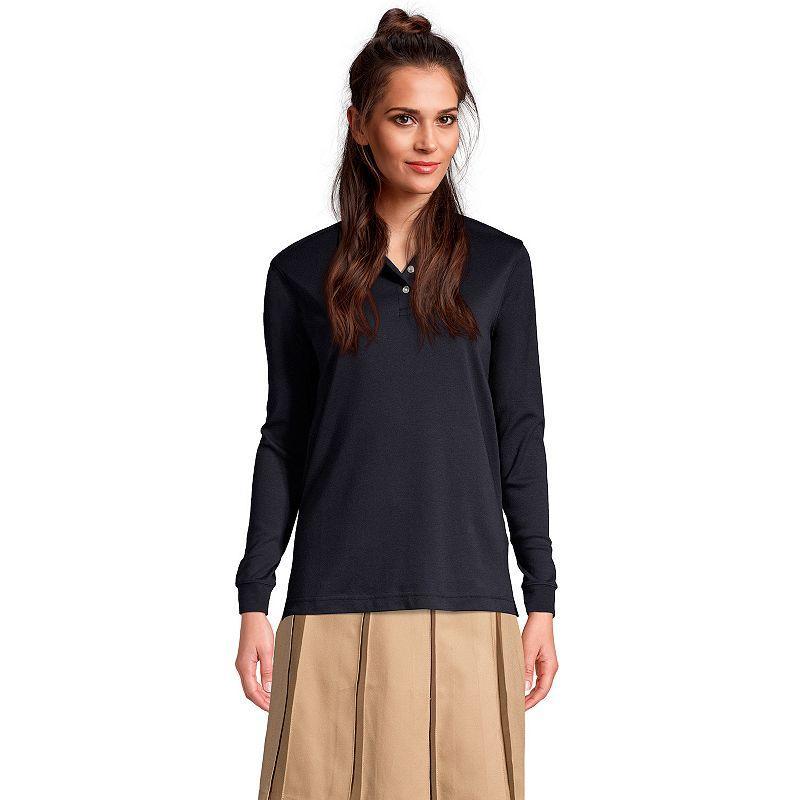 Womens Lands End School Uniform Long Sleeve 3-Button Interlock Polo Shirt Red Product Image