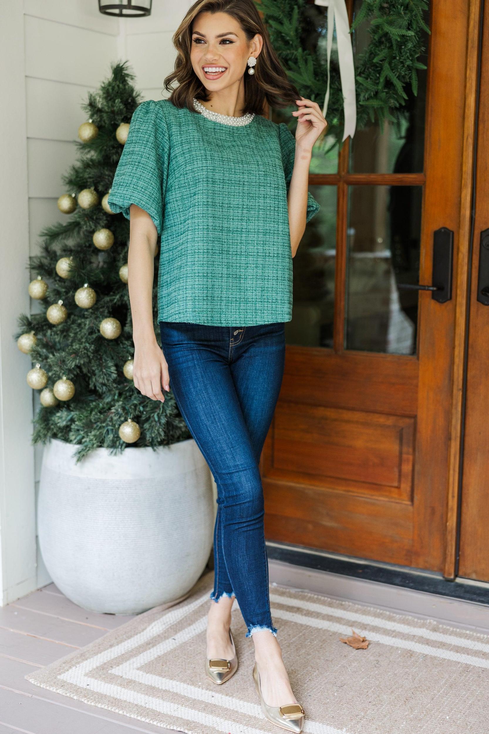Calling On You Green Tweed Blouse Female Product Image