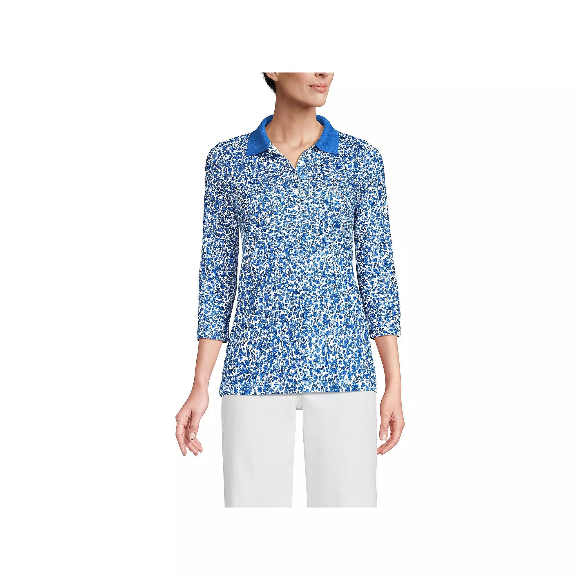 Petite Lands End Supima Cotton 3/4 Sleeve Polo Shirt, Womens Deep Blue Product Image
