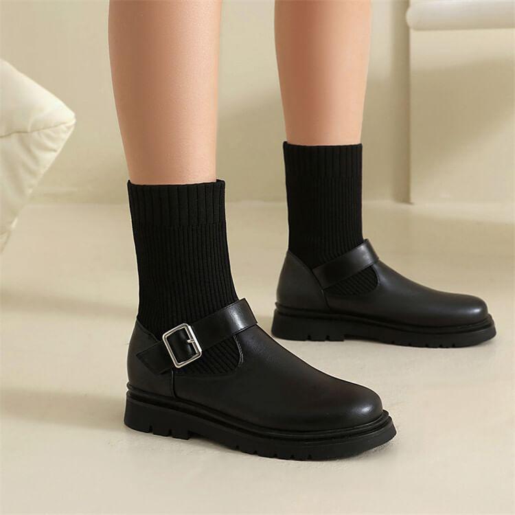 Buckled Platform Chunky Heel Sock Boots Product Image