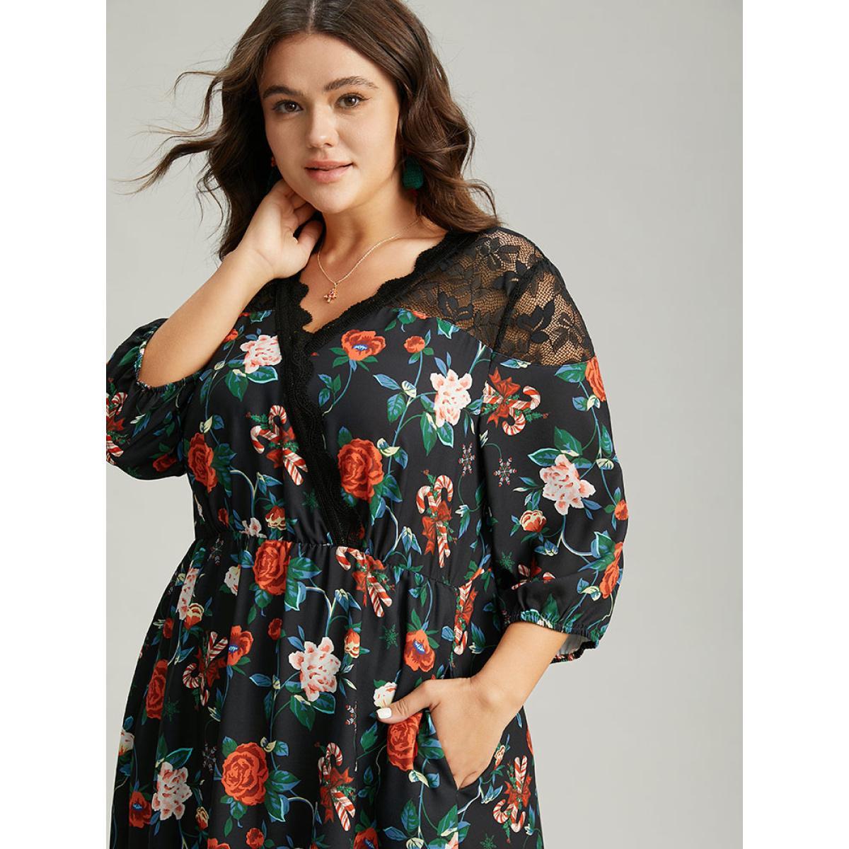 Plus Size Floral Crochet Lace Mesh Overlap Collar Dress Black Women Office Elastic cuffs Overlap Collar Elbow-length sleeve Curvy Midi Dress BloomChic 30/6X Product Image