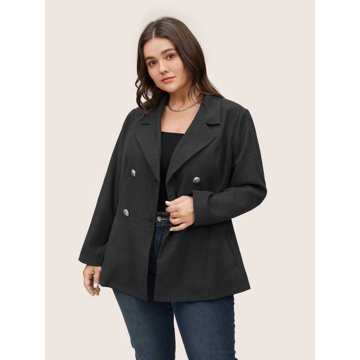 Plus Size Suit Collar Double Breasted Metal Detail Blazer Midnight Women Work Plain Non Sleeve Long Sleeve Suit Collar 12/L Slanted pocket At the Office Blazers BloomChic Product Image