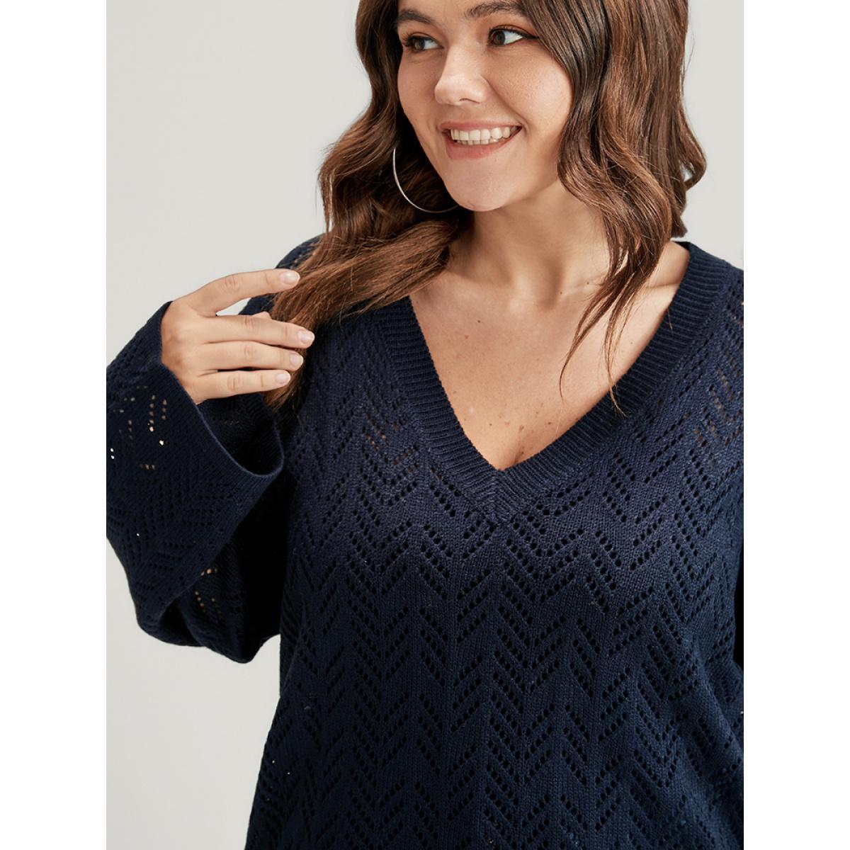 Plus Size Geometric Pointelle Knit V Neck Eyelet Knit Top Indigo Women Casual Loose Long Sleeve V-neck Dailywear Pullovers BloomChic 18-20/2X Product Image