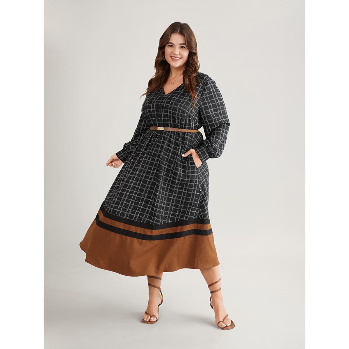 Plus Size Gingham Gingham Patchwork Pocket Gathered Dress Black Women Office Contrast V-neck Long Sleeve Curvy Midi Dress BloomChic 12/L Product Image