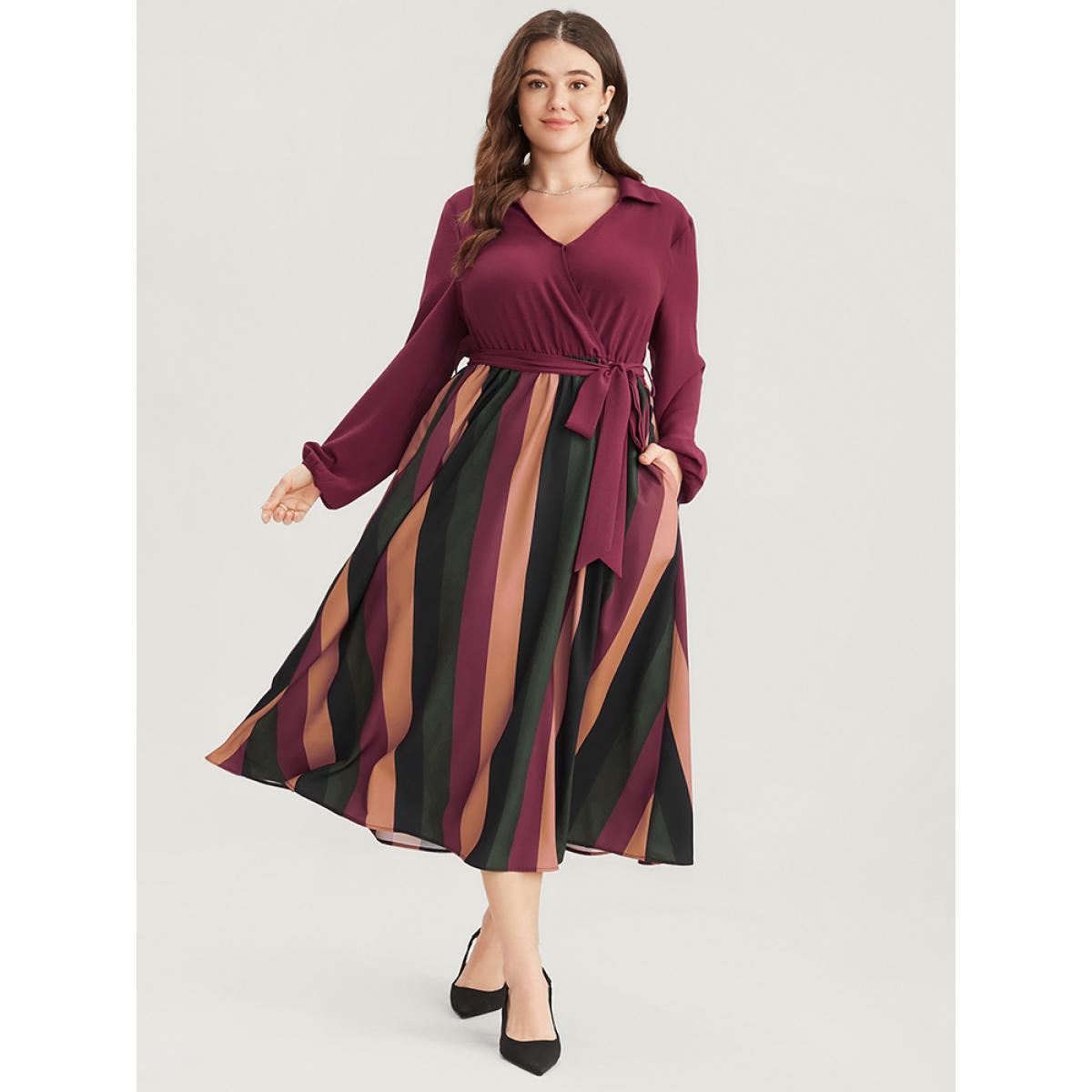Plus Size Solid Patchwork Wrap Pocket Lantern Sleeve Belted Striped Dress Multicolor Women Office Patchwork V-neck Long Sleeve Curvy Midi Dress BloomChic 28/5X Product Image
