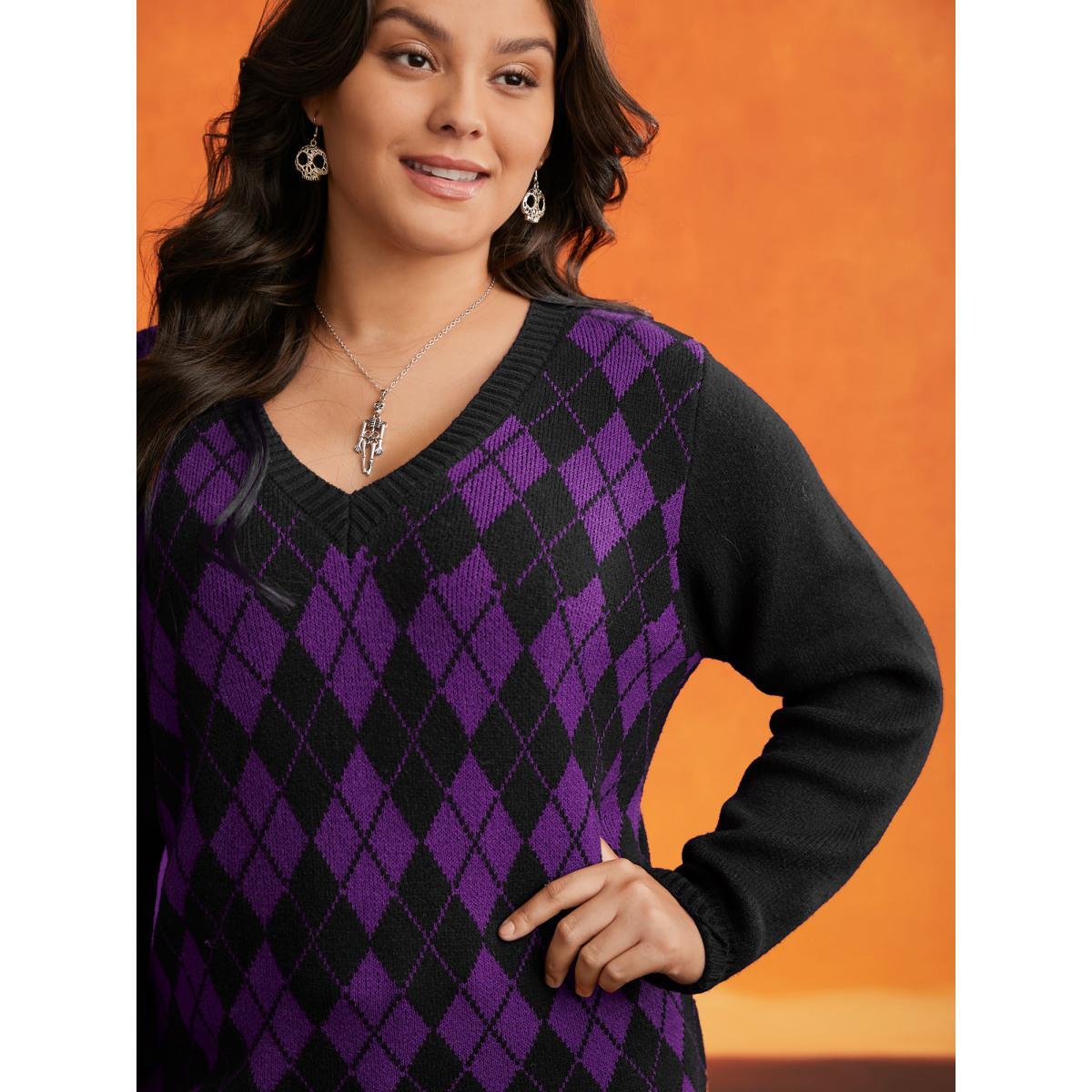 Plus Size V-Neck Plaid Print Pullover Deeppurple Women Casual Long Sleeve V-neck Everyday Pullovers BloomChic 12/L Product Image
