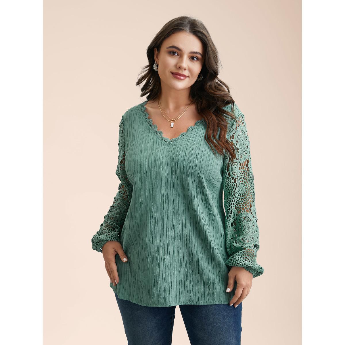 Plus Size Greenbean Scalloped Lace Textured Sheer Sleeve Blouse Women Elegant Extra Long Sleeve V-neck Everyday Blouses BloomChic 18-20/2X Product Image