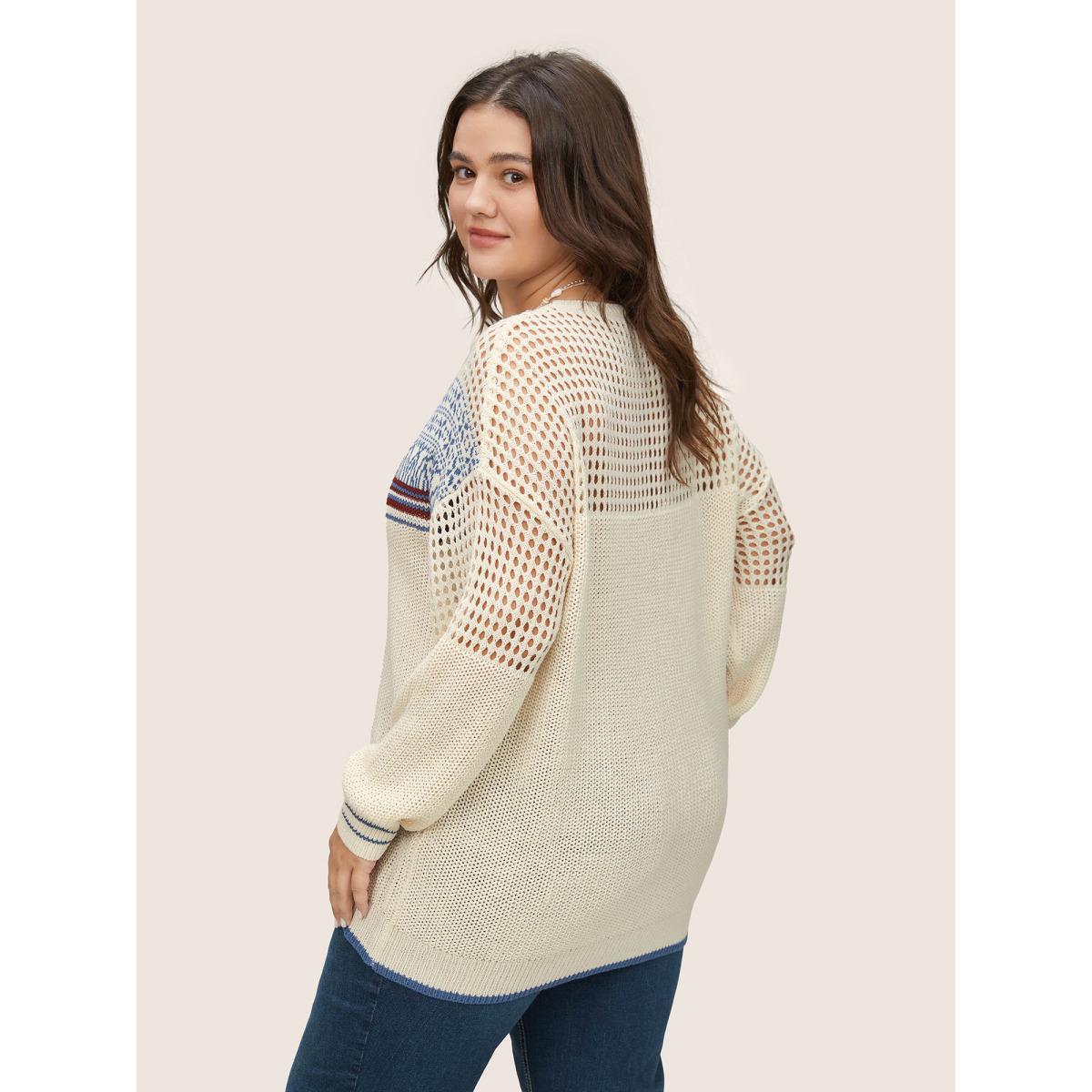 Plus Size Graphic Contrast Patchwork Hollow Out Pullover Beige Women Casual Long Sleeve Round Neck Everyday Pullovers BloomChic 26/4X Product Image