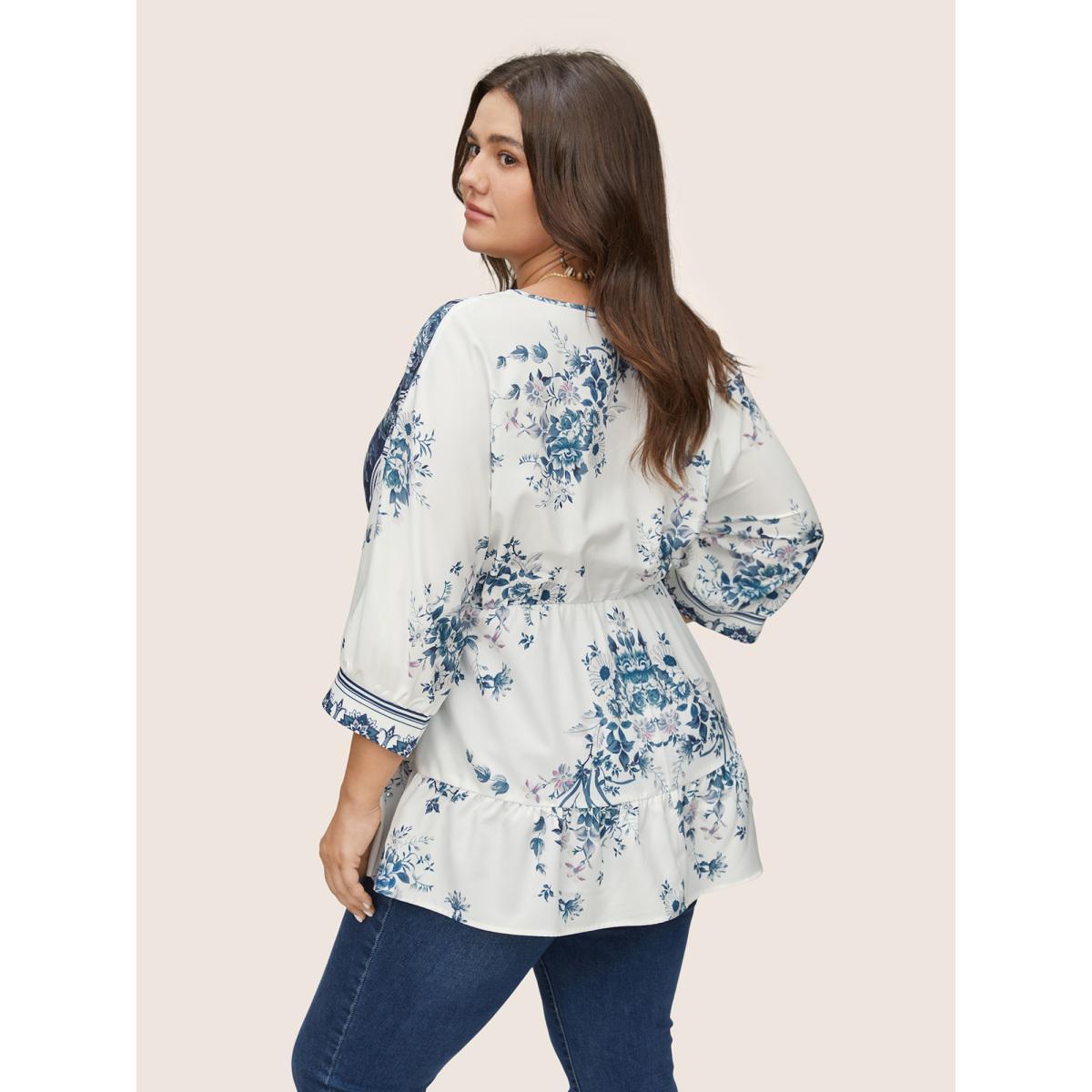 Plus Size Stone Boho Print Elastic Waist Ties Gathered Blouse Women Resort Elbow-length sleeve V-neck Vacation Blouses BloomChic 18-20/2X Product Image