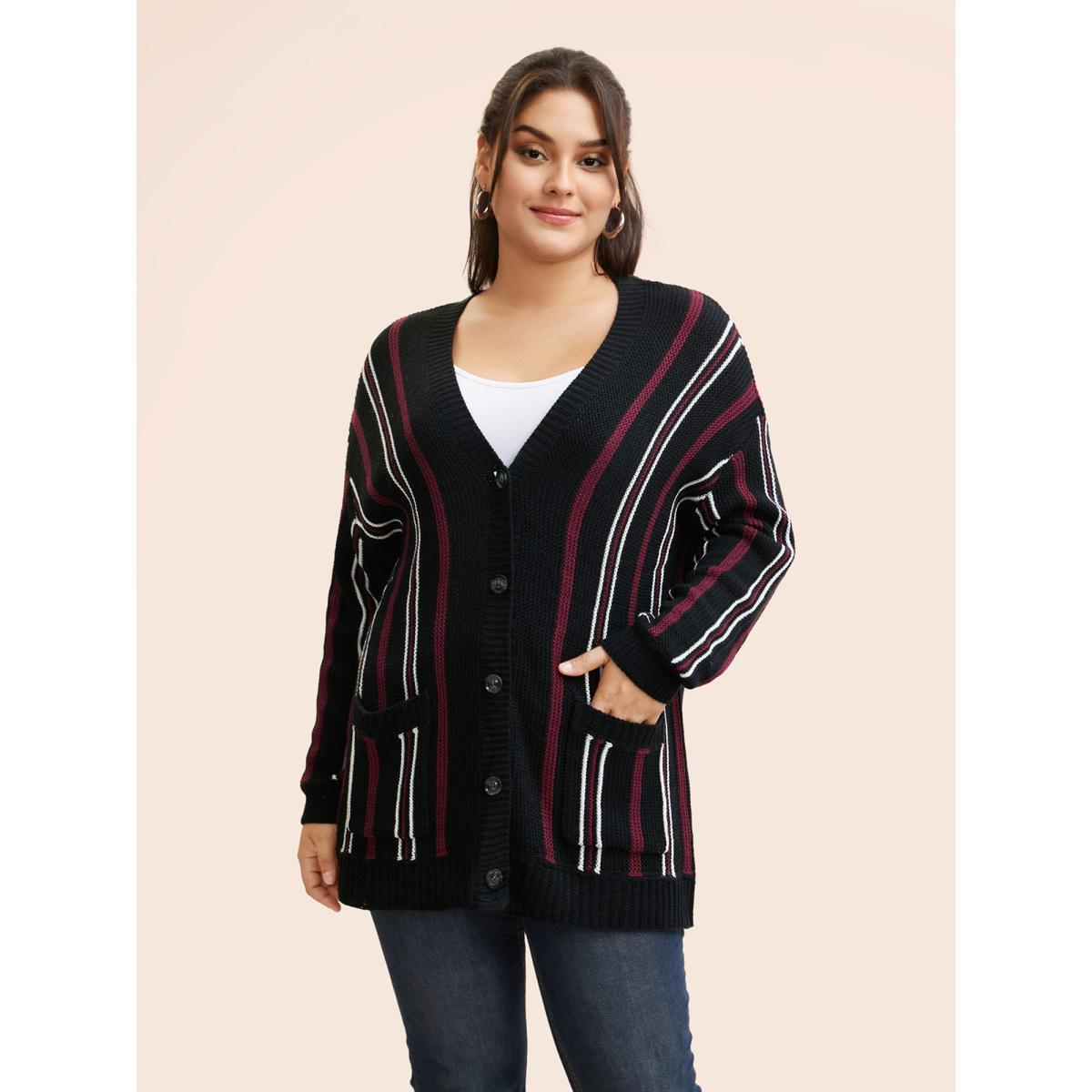 Plus Size Striped Patched Pocket Drop Shoulder Cardigan Black Women Casual Long Sleeve Everyday Cardigans BloomChic 12/L Product Image