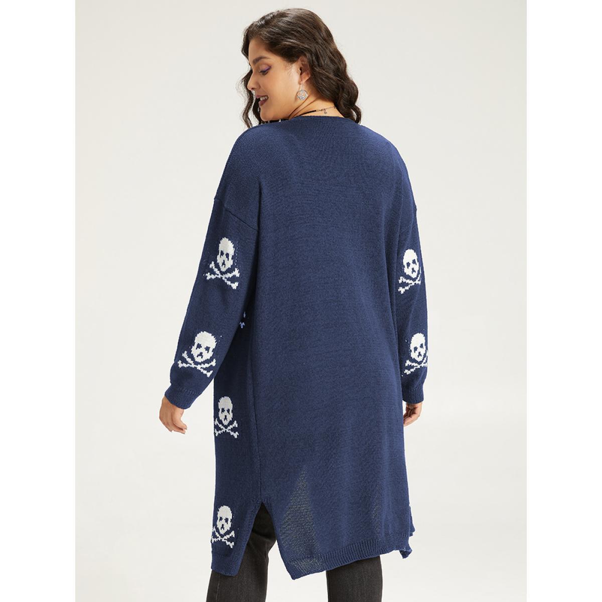 Plus Size Halloween Skull Print Split Side Drop Shoulder Maxi Cardigan Indigo Women Casual Loose Long Sleeve Festival-Halloween Cardigans BloomChic 14-16/1X Product Image