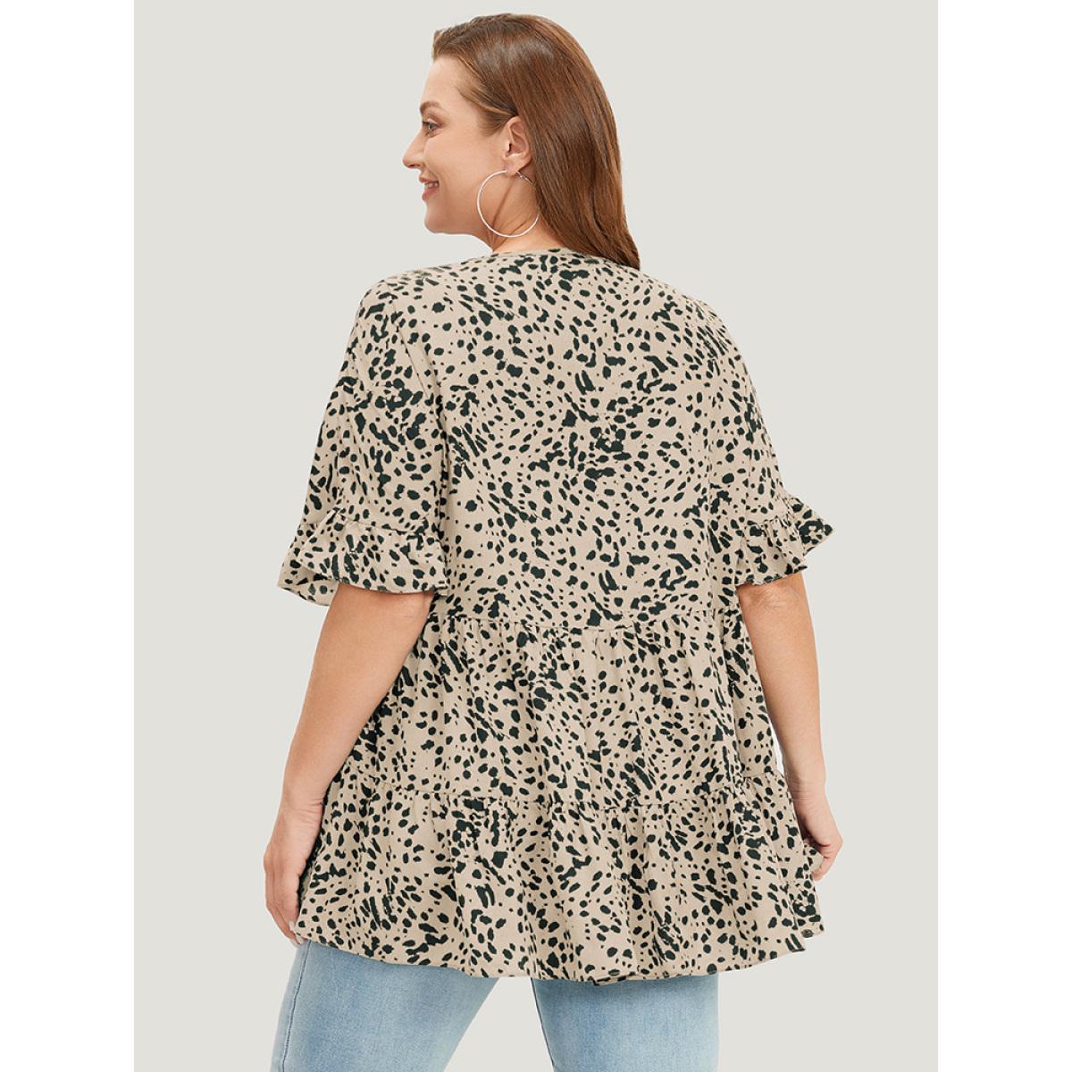 Plus Size Leopard Leopard Tiered Hem Notched Ruffle Sleeve Blouse Women Elegant Half Sleeve Notched collar Dailywear Blouses BloomChic 14-16/1X Product Image