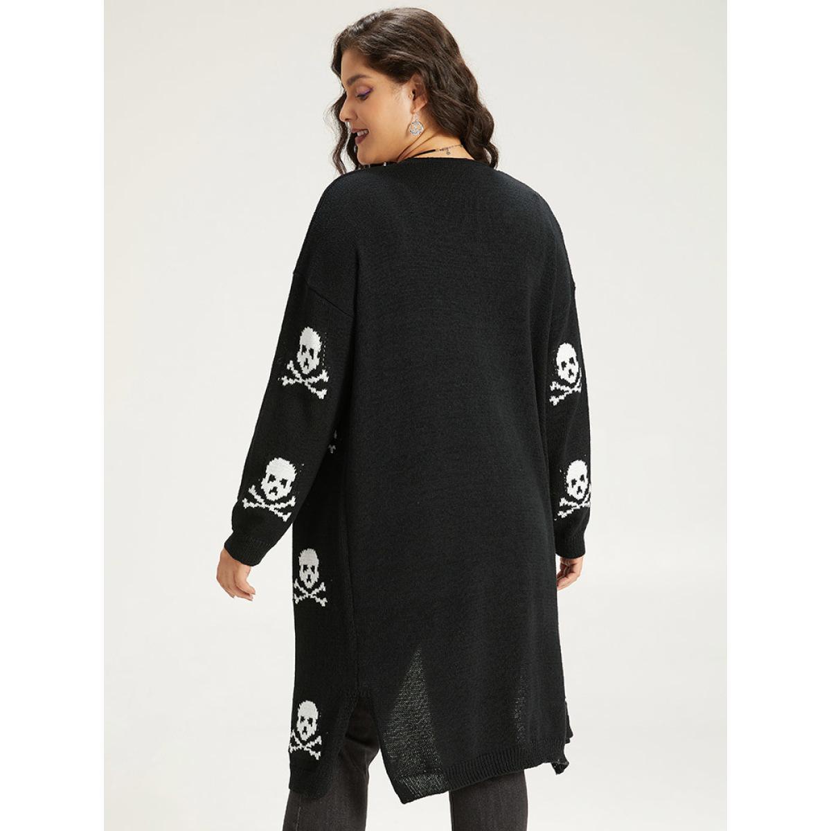 Plus Size Halloween Skull Print Split Side Drop Shoulder Maxi Cardigan Black Women Casual Loose Long Sleeve Festival-Halloween Cardigans BloomChic 14-16/1X Product Image