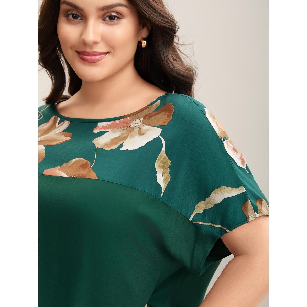 Plus Size Cyan Tropical Floral Print Spliced Blouse Women Elegant Short sleeve Boat Neck Work Blouses BloomChic 14-16/1X Product Image