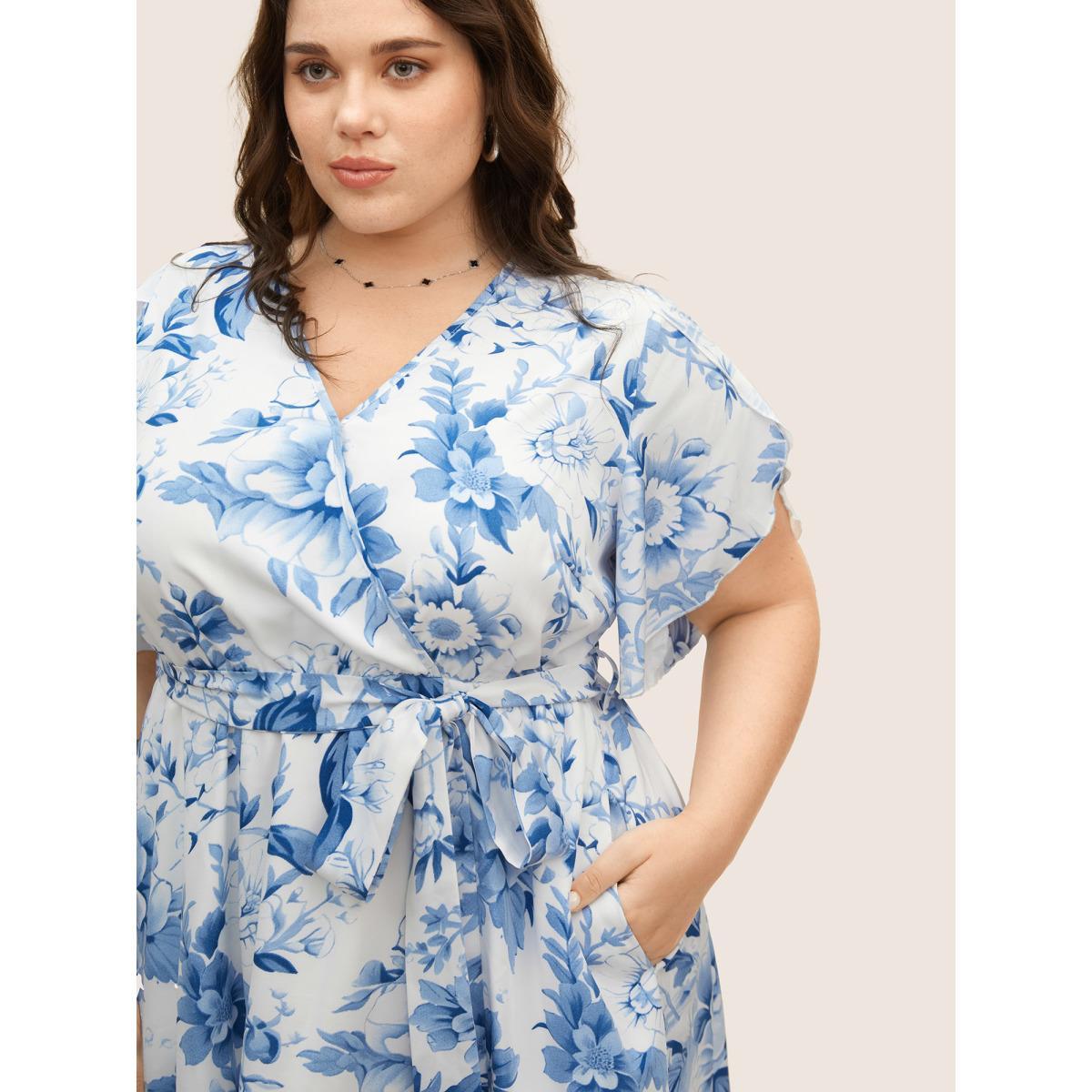 Plus Size Floral Wrap Petal Sleeve Belted Dress Originalwhite Women Elegant Belted Overlap Collar Half Sleeve Curvy BloomChic 18-20/2X Product Image