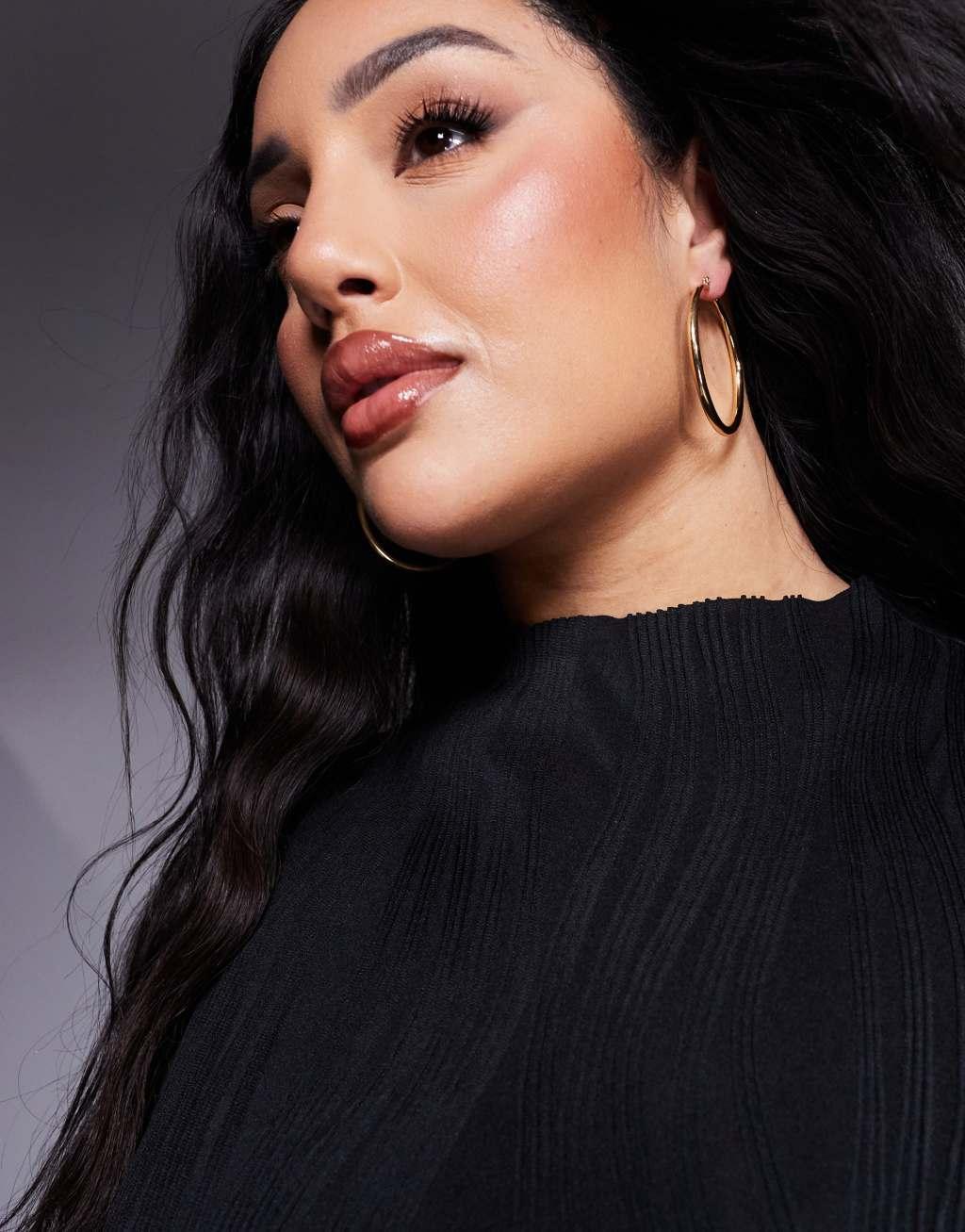 ASOS DESIGN Curve plisse long sleeve top with grown on neck in black Product Image