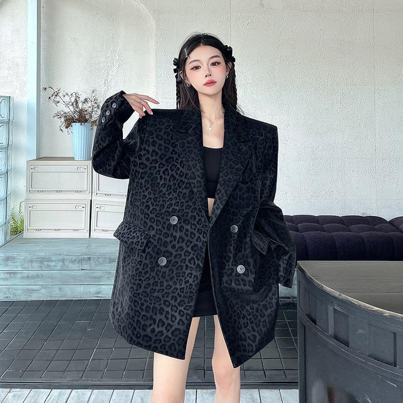 Lapel Collar Leopard Print Double Breasted Blazer Product Image