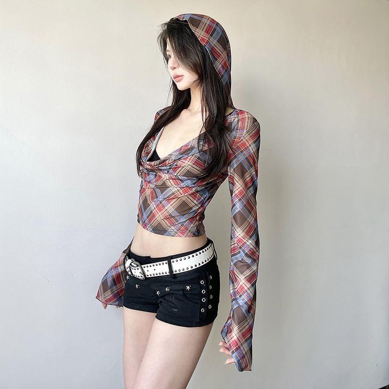 Flared-Sleeve Cowl Neck Plaid Cropped T-Shirt Product Image