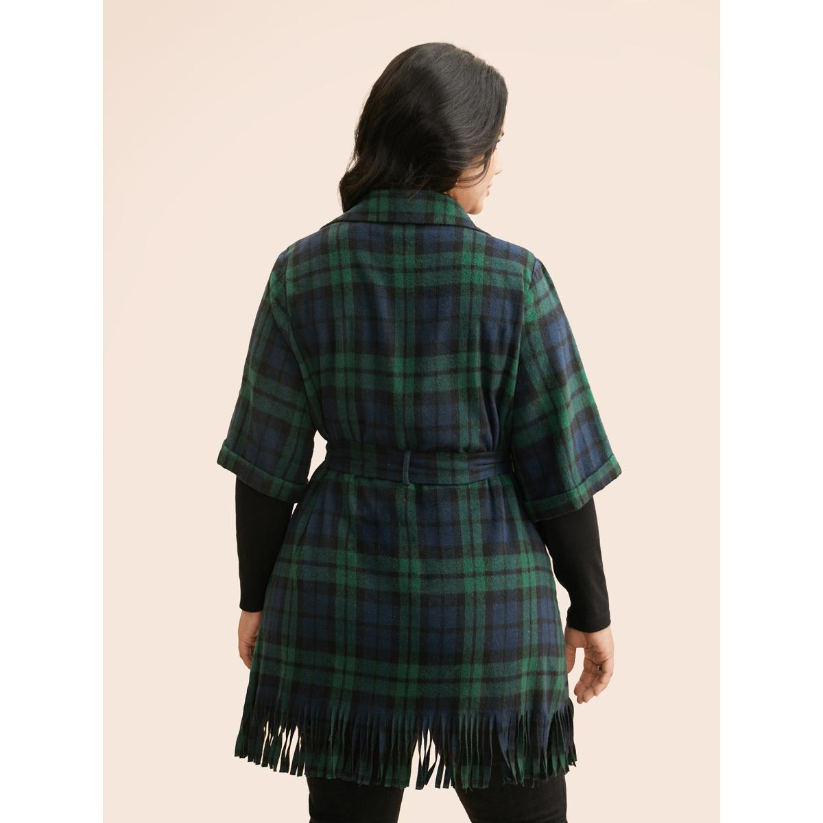 Plus Size Plaid Tassel Trim Pocket Belted Jacket Women Indigo Tassels Loose Open pocket with flap Belt Everyday Jackets BloomChic 18-20/2X Product Image