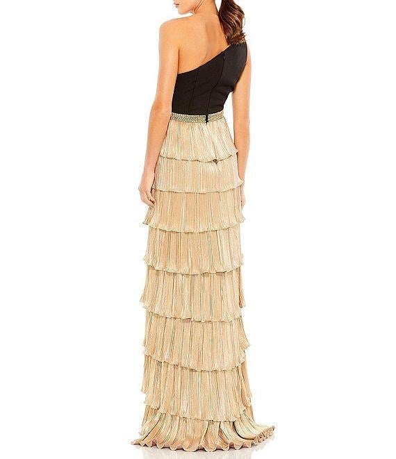 Mac Duggal Tiered Sleeveless One Shoulder Ruffle High Slit Belted Gown Product Image