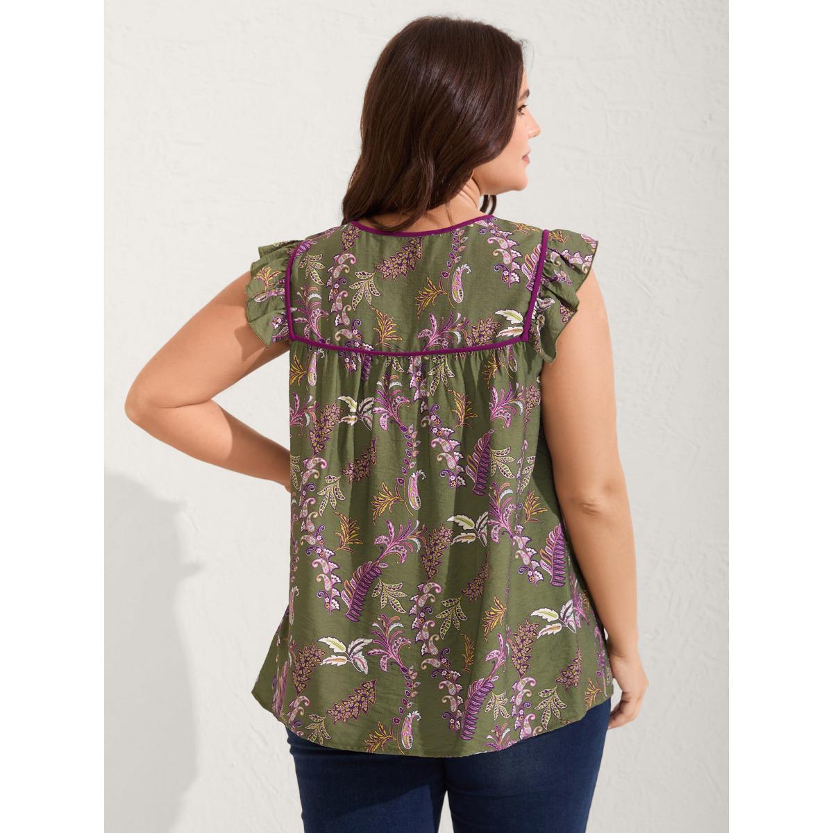 Plus Size Moss Paisley Print Color Contrast Flowy Blouse Women Cap Sleeve Asymmetrical Neck Vacation Blouses BloomChic 26/4X Product Image