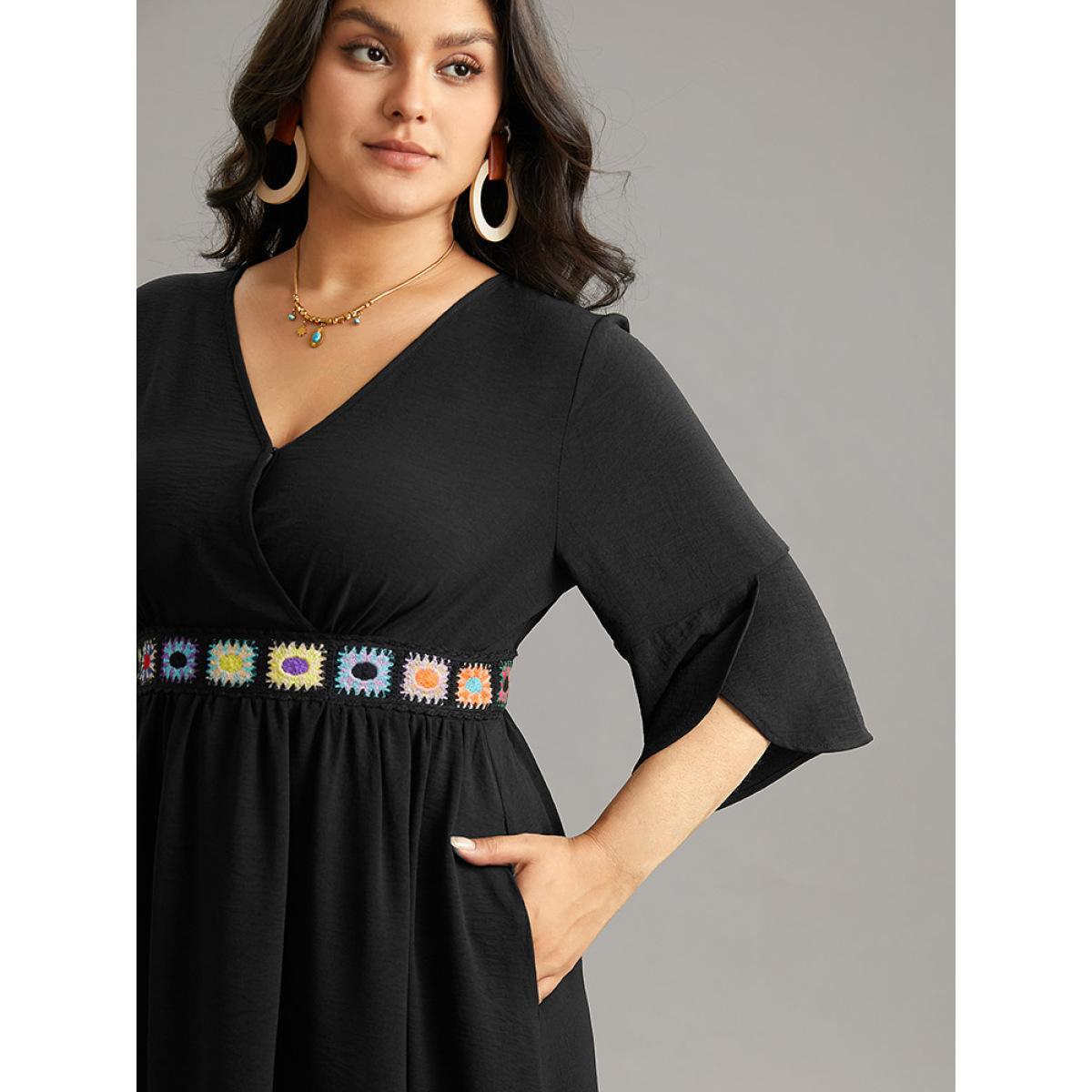 Plus Size Plain Elastic Waist Embroidered Wrap Dress Black Women Vacation Wrap Overlap Collar Elbow-length sleeve Curvy Midi Dress BloomChic 30/6X Product Image