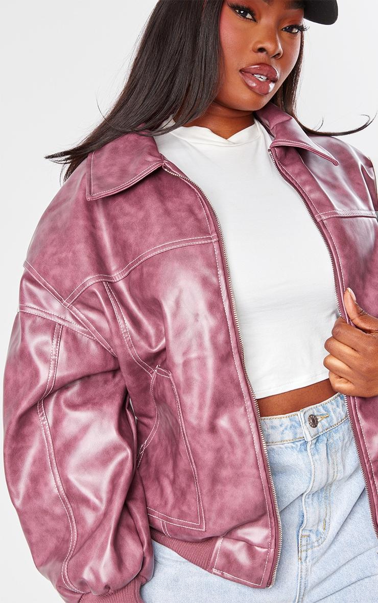 Plus Cherry Red Stitch Detail Washed Faux Leather Bomber Jacket Product Image