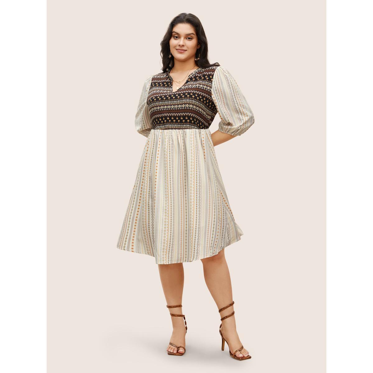 Plus Size Bandana Striped Patchwork Notched Lantern Sleeve Dress Beige Women Resort Patchwork Flat collar with V-notch Elbow-length sleeve Curvy Midi Dress BloomChic 14-16/1X Product Image