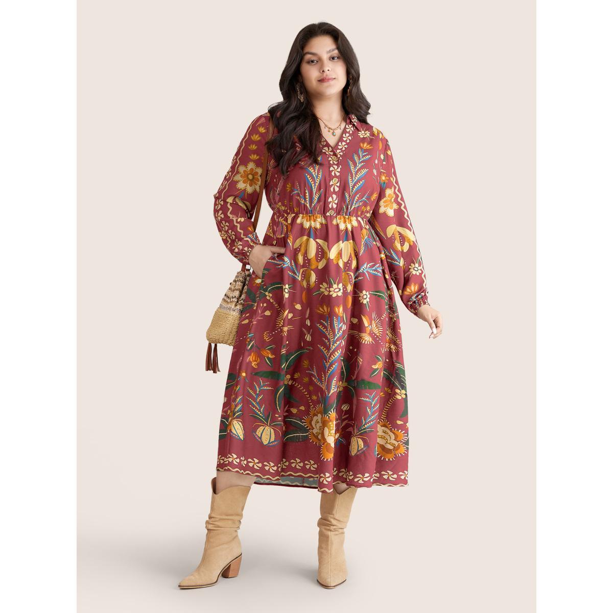 Plus Size Bandana Print Pocket Lapel Collar Elastic Cuffs Dress Watermelon Women Resort Non V-neck Long Sleeve Curvy Midi Dress BloomChic 26/4X Product Image