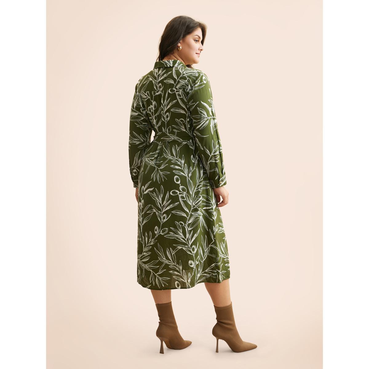 Plus Size Shirt Collar Plants Print Belted Dress Olive Women Casual Shirt collar Long Sleeve Curvy BloomChic 12/L Product Image