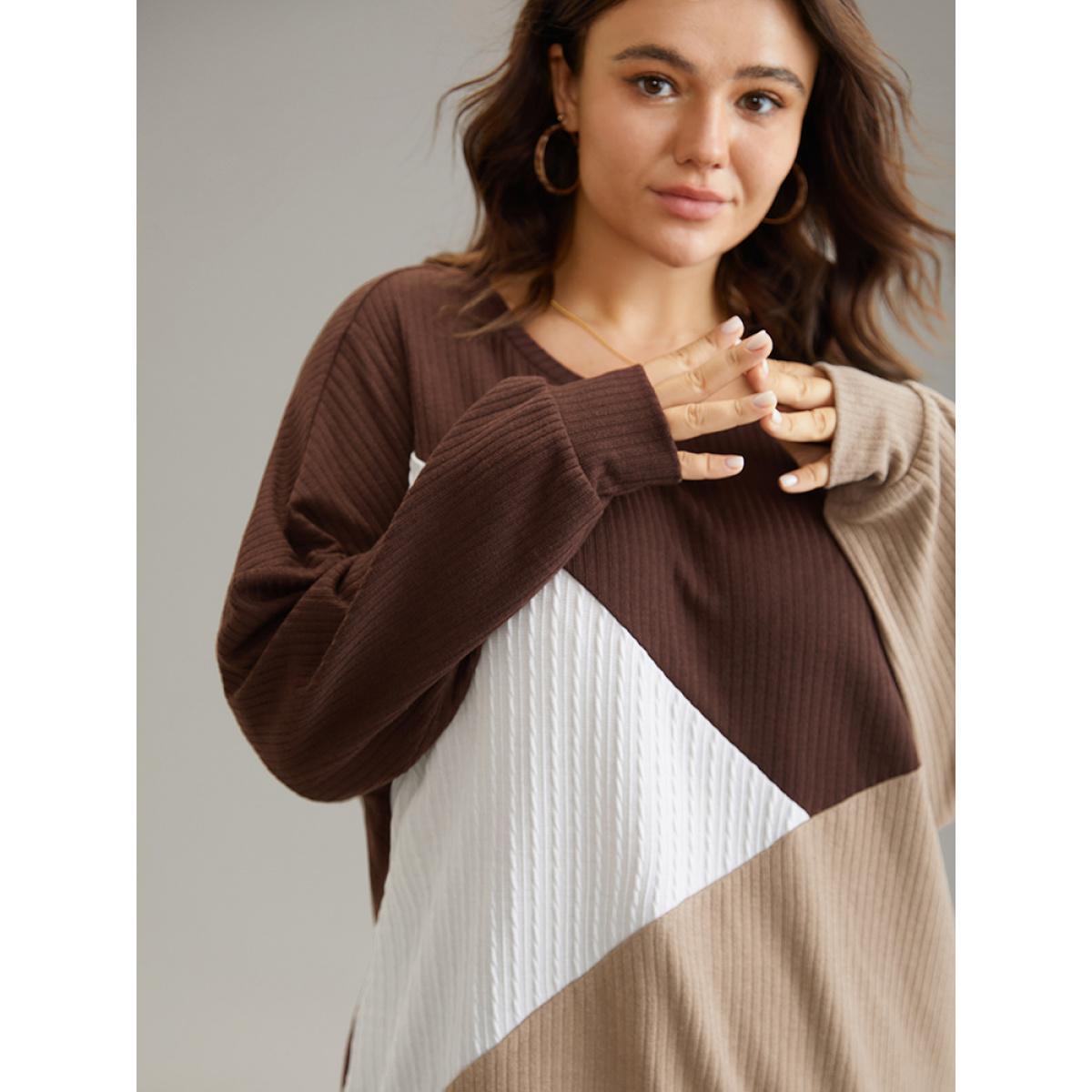 Plus Size Rib Knit Colorblock Contrast Drop Shoulder Sweatshirt Women Multicolor Casual Texture Round Neck Dailywear Sweatshirts BloomChic 14-16/1X Product Image