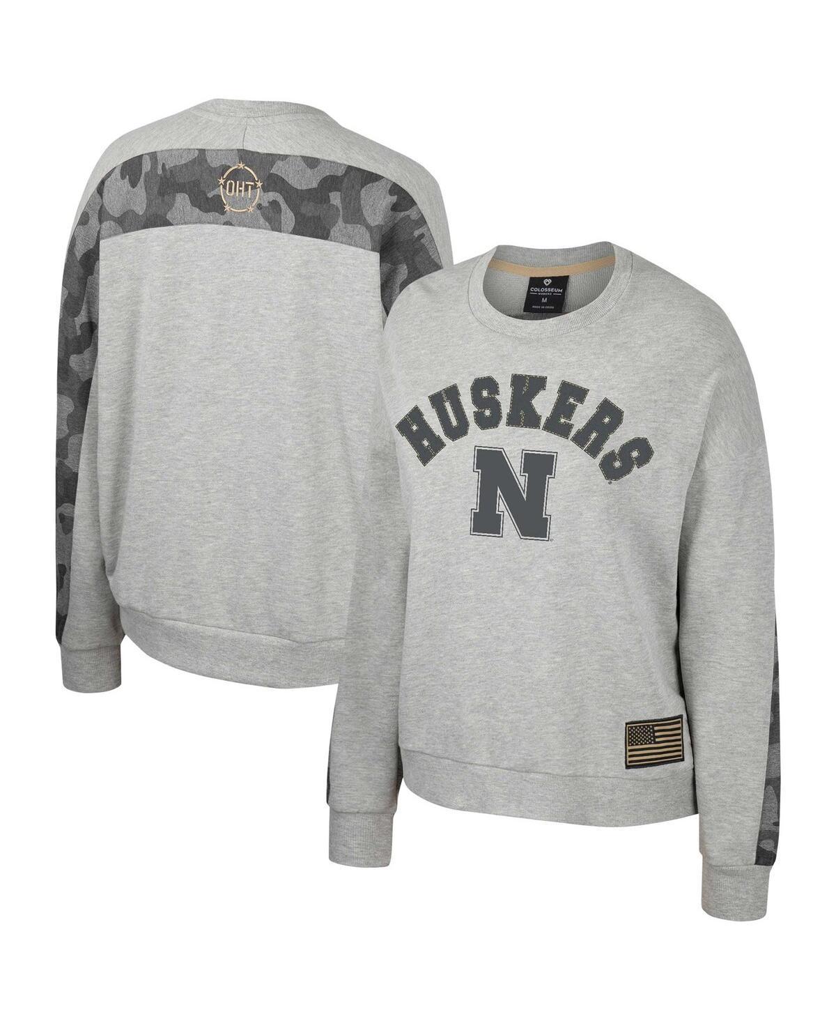 Women's Colosseum Heather Gray Nebraska Huskers OHT Military Appreciation Flag Rank Dolman Pullover Sweatshirt, Size: Large, Grey Product Image