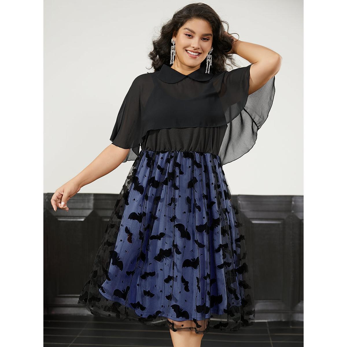 Plus Size Halloween Bat print Tiered Patchwork Dress DarkBlue Women Elegant Adjustable Straps Lapel Collar Sleeveless Curvy Midi Dress BloomChic 26/4X Product Image