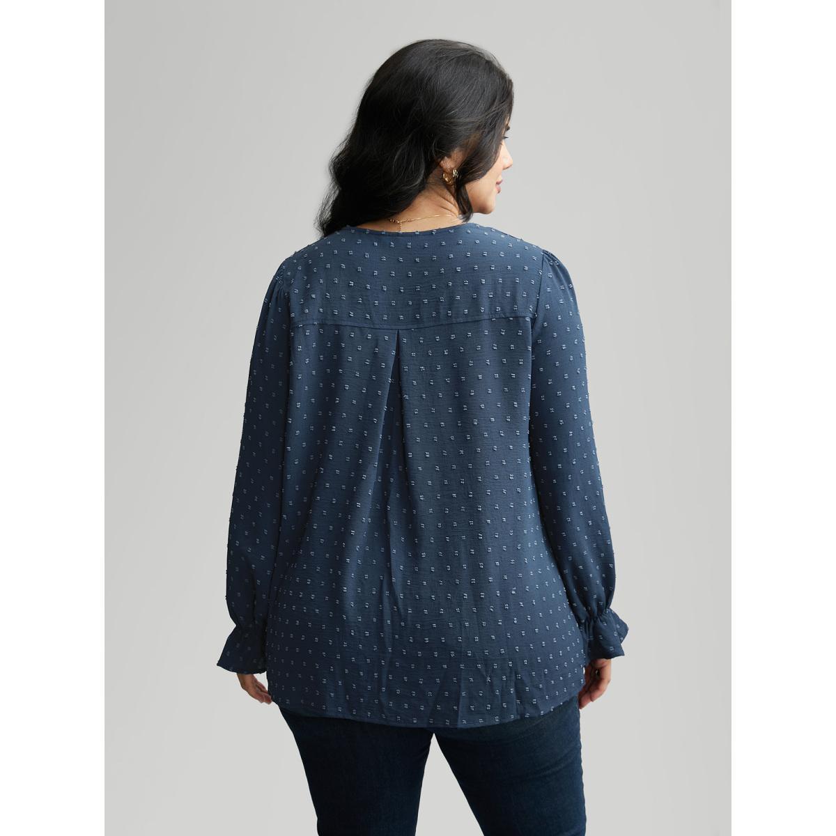 Plus Size Indigo Textured Lace Trim Patchwork Ruffles Blouse Women Elegant Long Sleeve V-neck Everyday Blouses BloomChic 26/4X Product Image