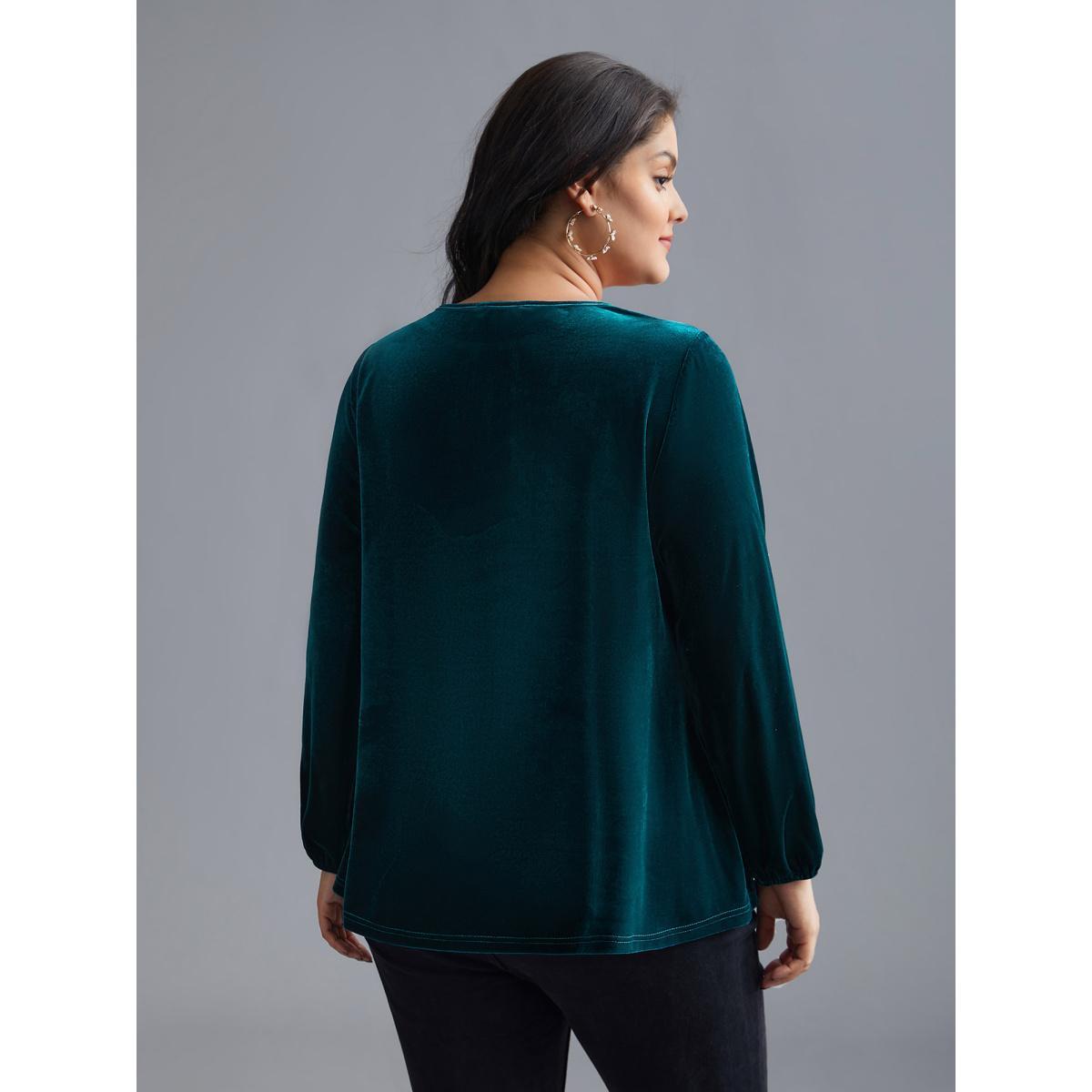 Plus Size Aegean Plain Hollow Out Gathered Velvet Blouse Women Cocktail Long Sleeve Round Neck Party Blouses BloomChic 28/5X Product Image