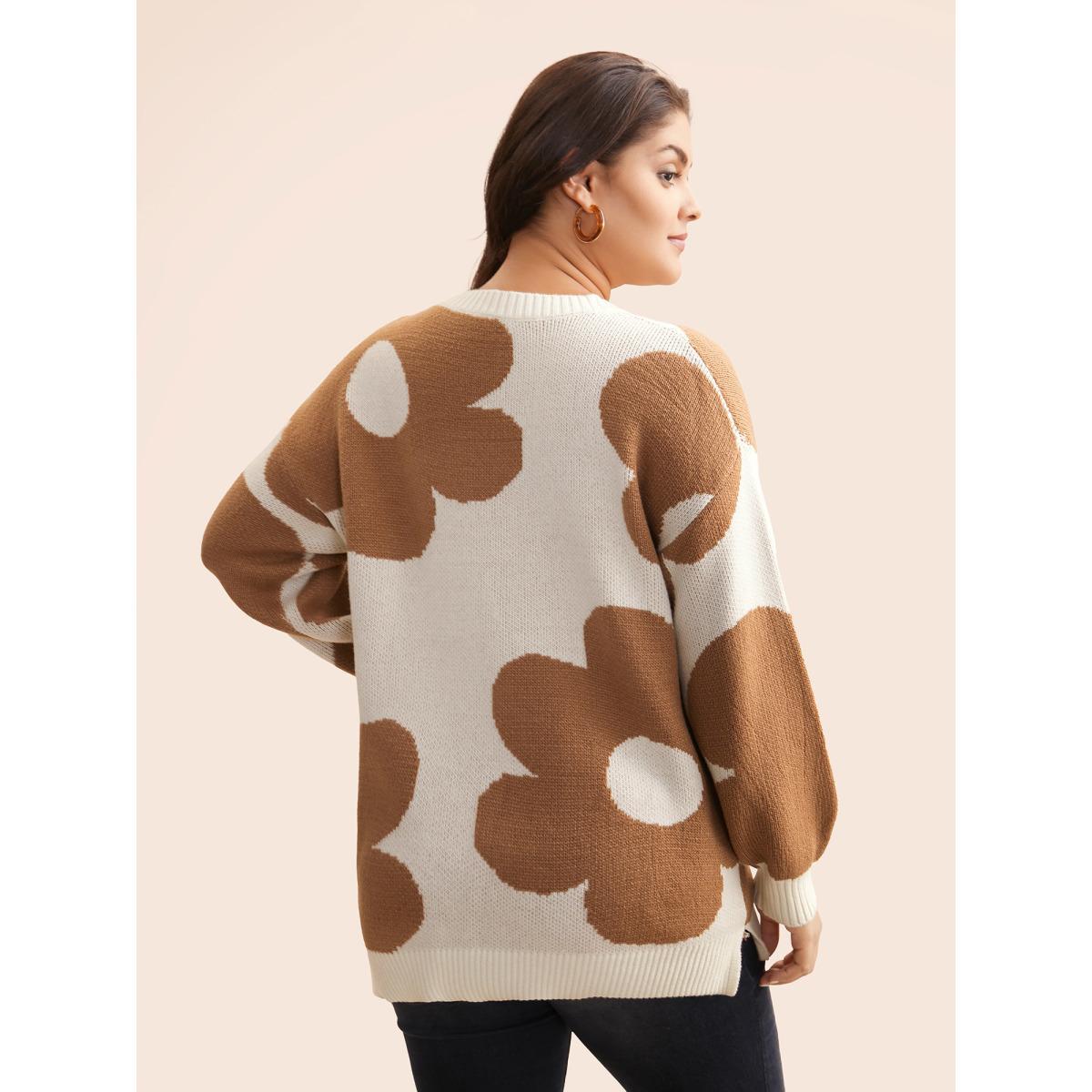 Plus Size Floral Jacquard Drop Shoulder Sleeve Pullover Apricot Women Casual Loose Long Sleeve Round Neck Everyday Pullovers BloomChic 28/5X Product Image