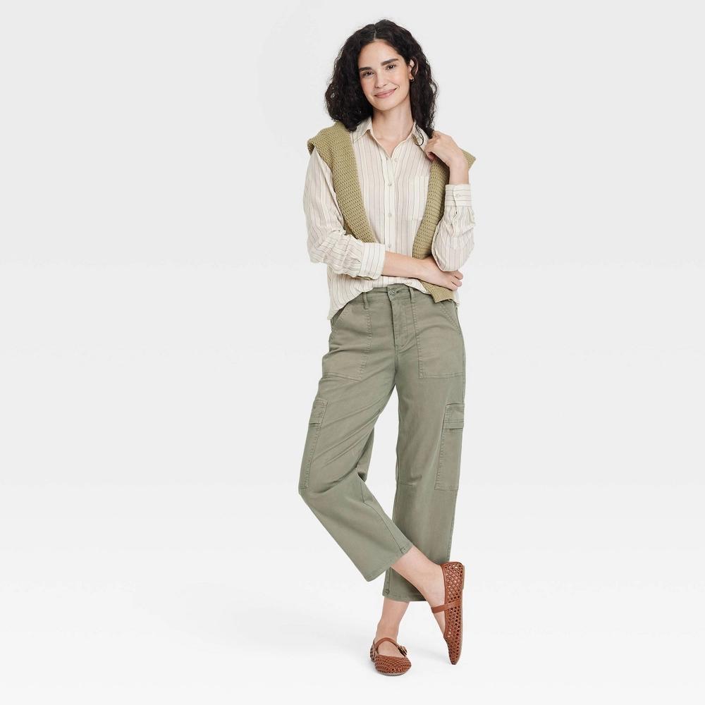 Women's Mid-Rise Barrel Leg Cargo Pants - Universal Thread™ Olive 2: Ankle Length, Twill Fabric Product Image