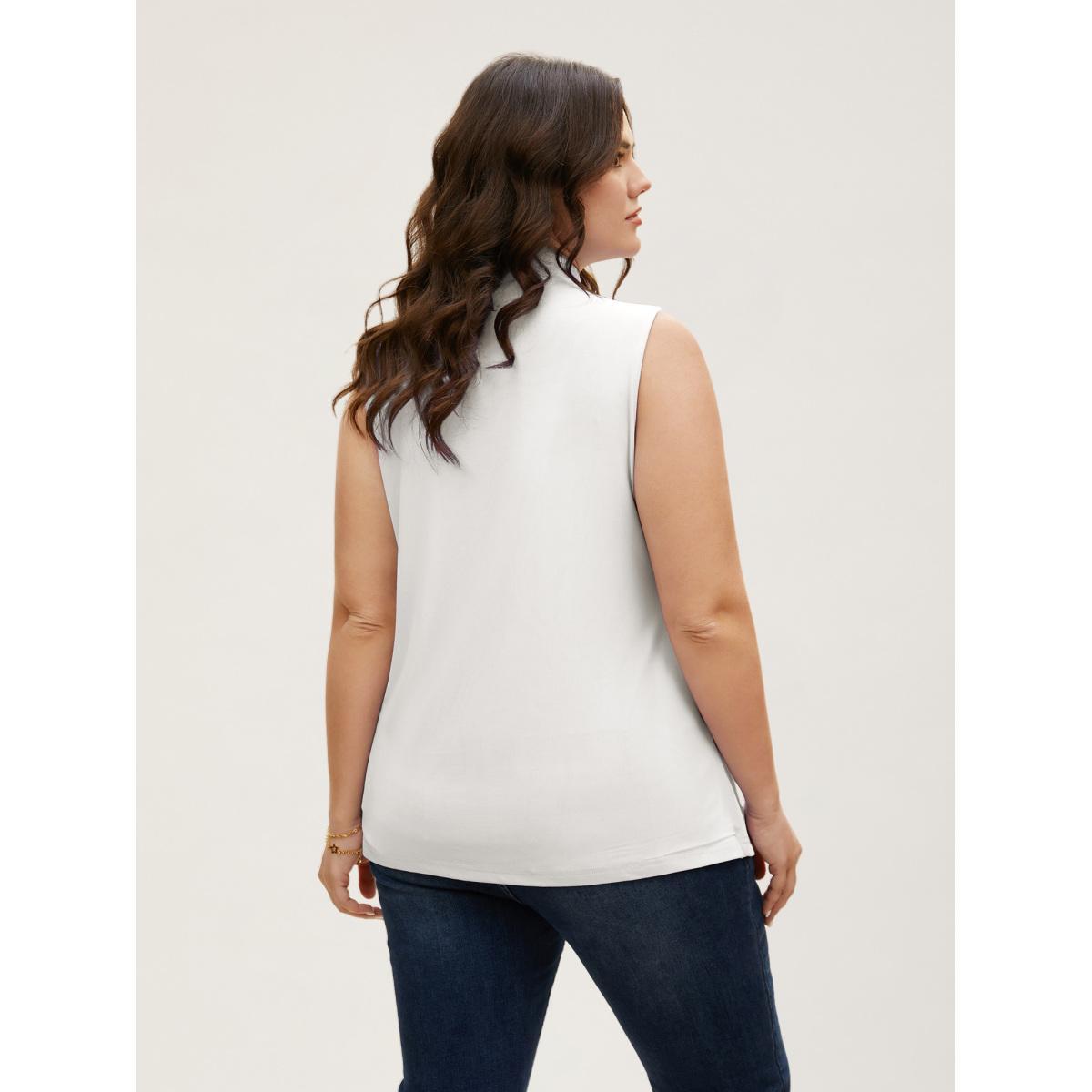 Plus Size Overlap Collar Solid Pleated Tank Top Women Ivory Elegant Pleated Overlap Collar Everyday Tank Tops Camis BloomChic 22-24/3X Product Image