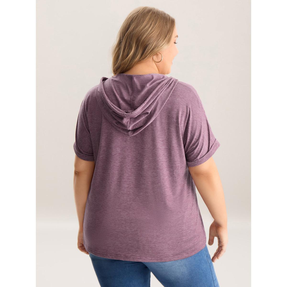 Plus Size Hooded Pockets Ties Plain T-Shirt Mauve Women Roll Hem Turtleneck Everyday-Casual T-shirts BloomChic 14-16/1X Product Image