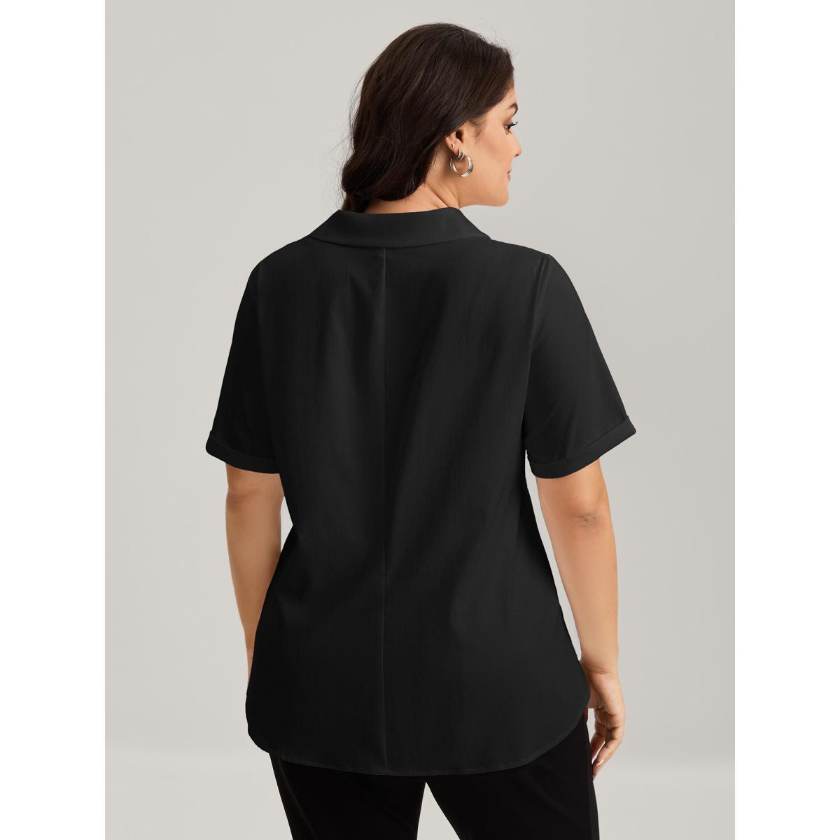 Plus Size Black Knotted Front Asymmetrical Hem Blouse Women Short sleeve Shirt collar Work Blouses BloomChic 12/L Product Image