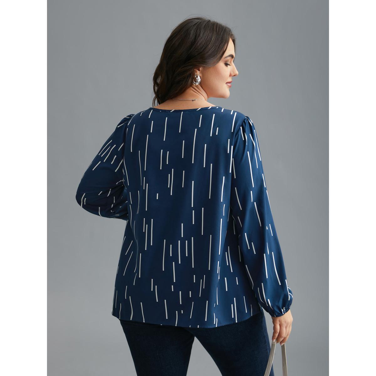 Plus Size Indigo Geometric Print Notched Collar Blouse Women At the Office Long Sleeve Notched collar Work Blouses BloomChic 18-20/2X Product Image