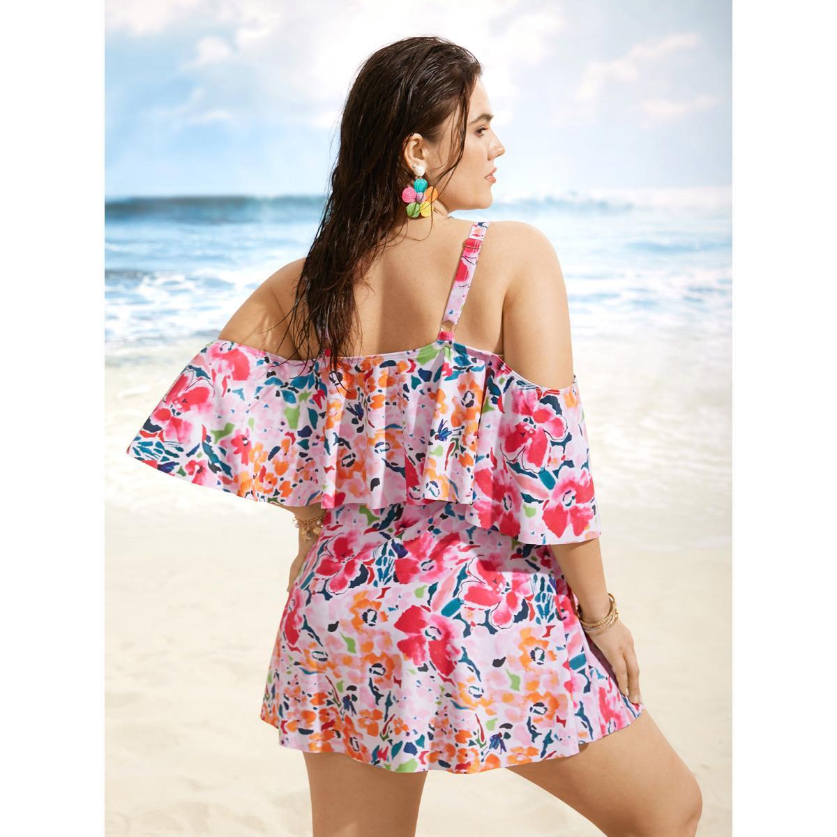 Plus Size Tropical Adjustable Straps Cold Shoulder Ruffles Trim Swim Dress Women's Swimwear Peach Beach Bodycon One-shoulder neck High stretch Curve Swim Dresses BloomChic 12/L Product Image
