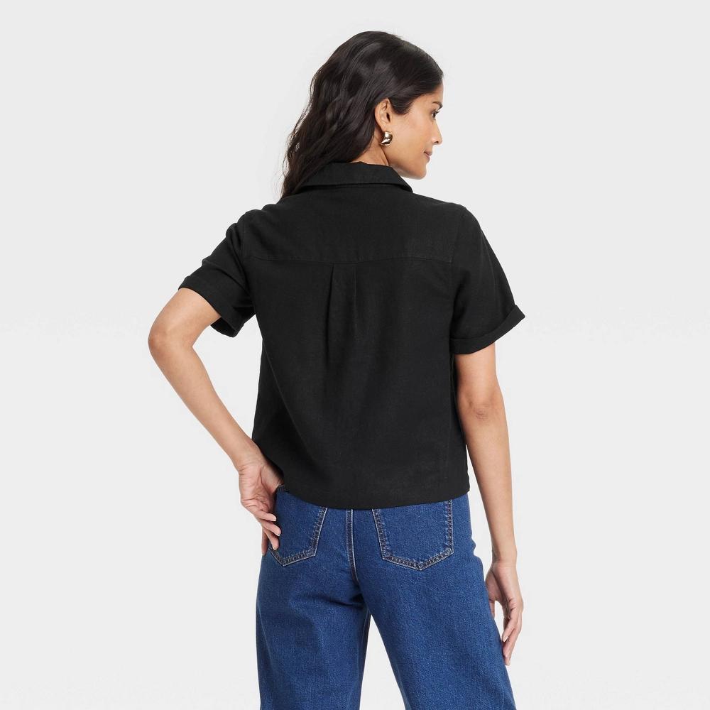 Womens Short Sleeve Popover Blouse - Universal Thread Black L: Relaxed Fit, Linen Rayon Blend, Collared, Below Waist Product Image