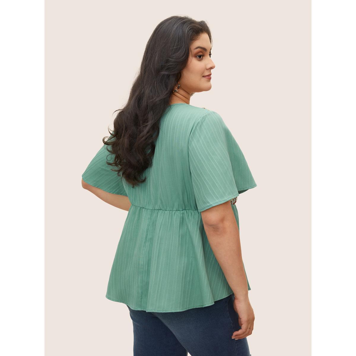 Plus Size Mint Texture Patchwork Ruffle Sleeve Button Detail Blouse Women Resort Short sleeve V-neck Vacation Blouses BloomChic 12/L Product Image