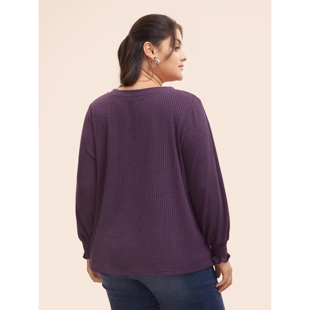 Plus Size Solid Rib Knit Lantern Sleeve Shirred T-shirt Mauve Women Casual Texture V-neck Everyday T-shirts BloomChic 28/5X Product Image