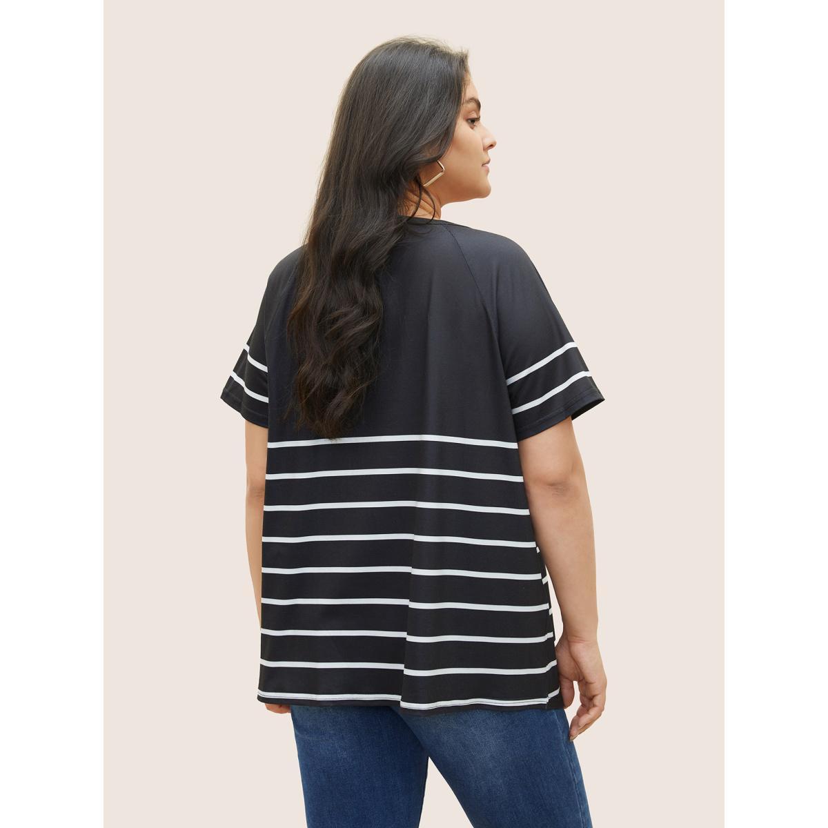 Plus Size Striped Print Raglan Sleeve Button Up T-shirt Black Women Casual Contrast Striped Round Neck Everyday T-shirts BloomChic 12/L Product Image