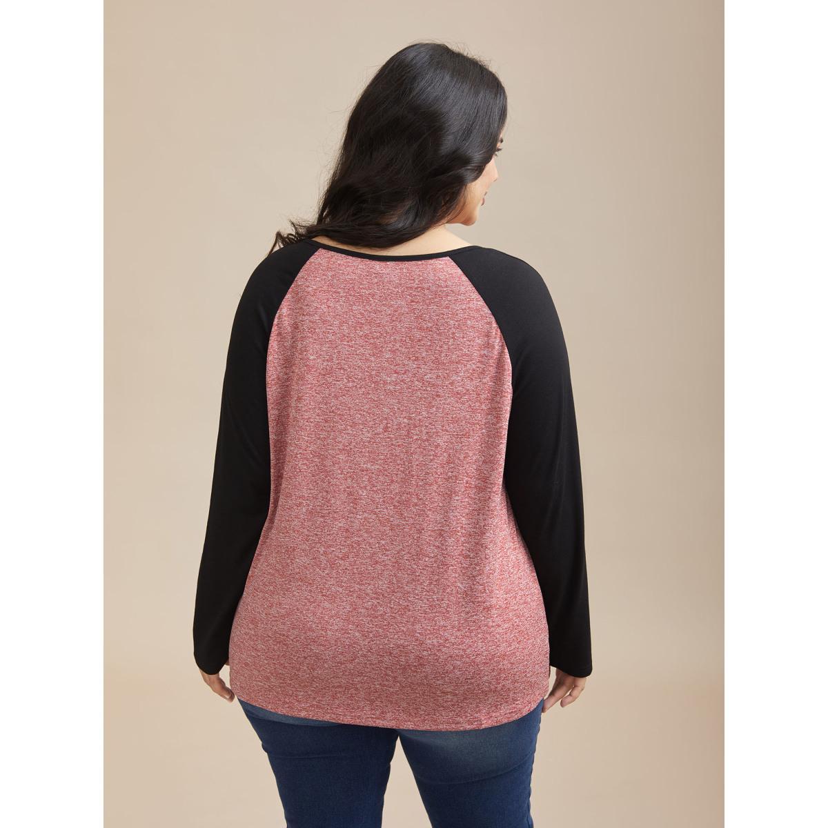 Plus Size Heather Patchwork Button Detail Stretchy T-Shirt Scarlet Women Casual Contrast Flat collar with V-notch Everyday T-shirts BloomChic 28/5X Product Image